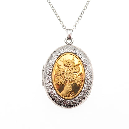 Franklin Mint 925 Sterling 2-Tone Vintage 1978 Flower Locket Chain Necklace 18"
