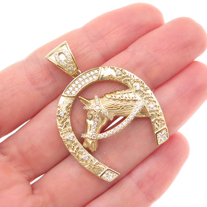 925 Sterling Silver Gold Plated Round-Cut C Z Horse & Horseshoe Pendant
