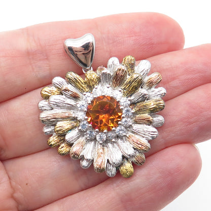 CHUCK CLEMENCY Sterling Silver 3-Tone Real Fire Quartz C Z Flower Heart Pendant