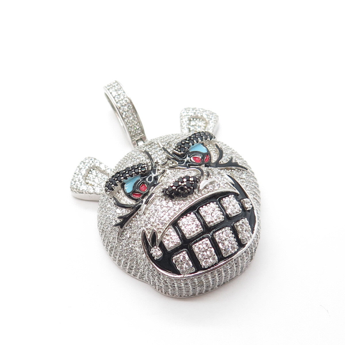 925 Sterling Silver REL Real Black Spinel Gemstone Enamel C Z Cartoon Pendant