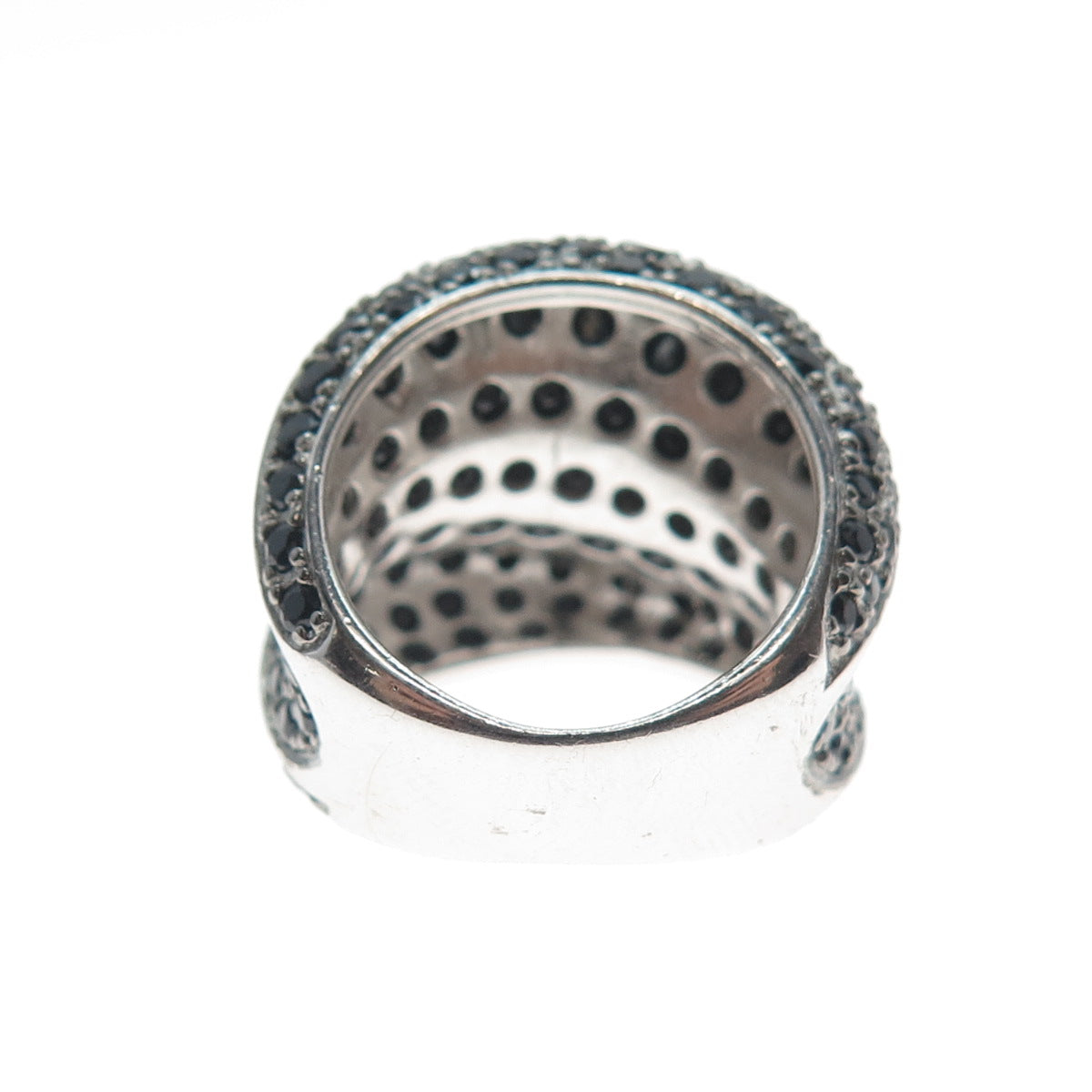 925 Sterling Silver Real Round-Cut Black Spinel Modernist Wavy Ring Size 5.25