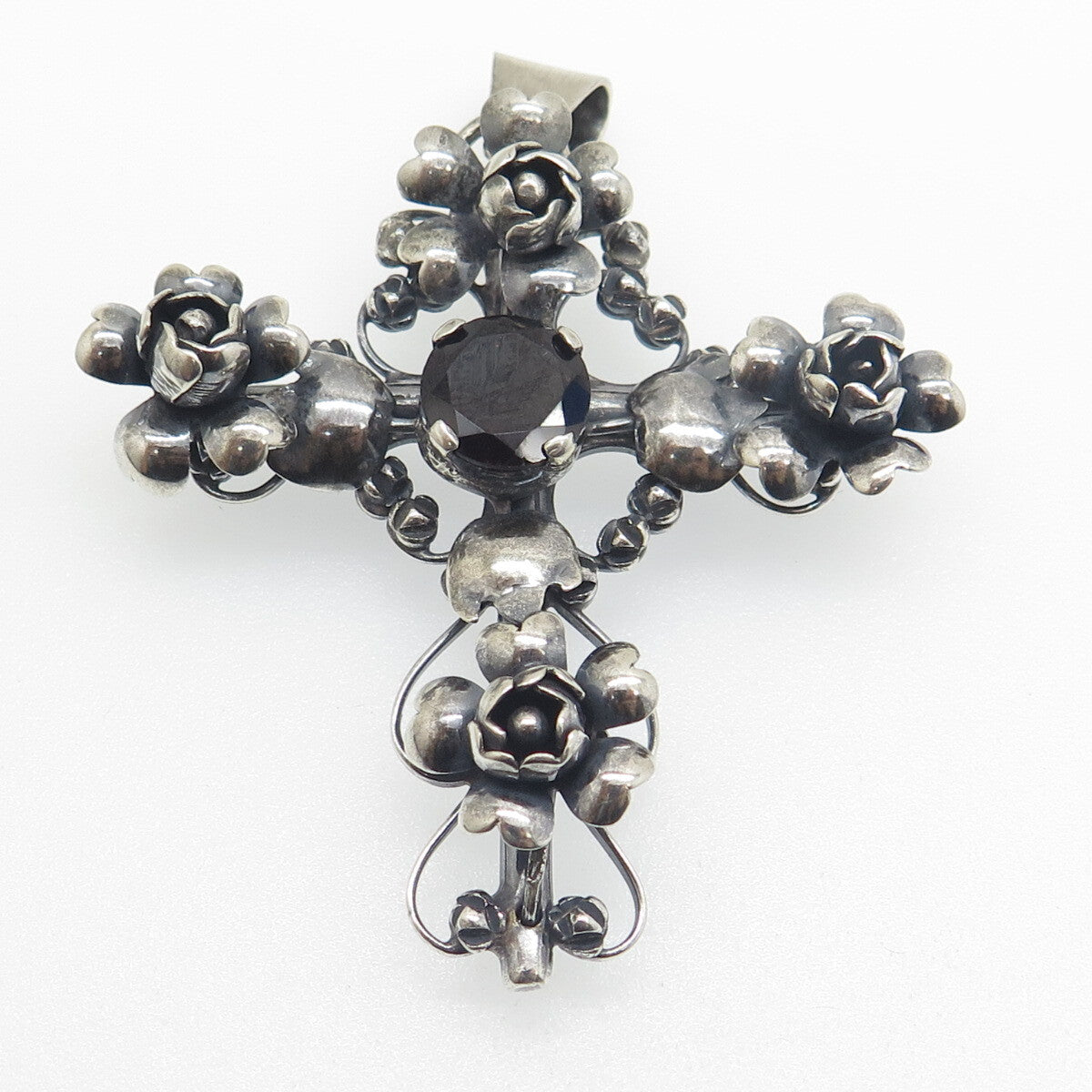 925 Sterling Silver Antique Art Deco Real Red Garnet Rose Cross Oxidized Pendant
