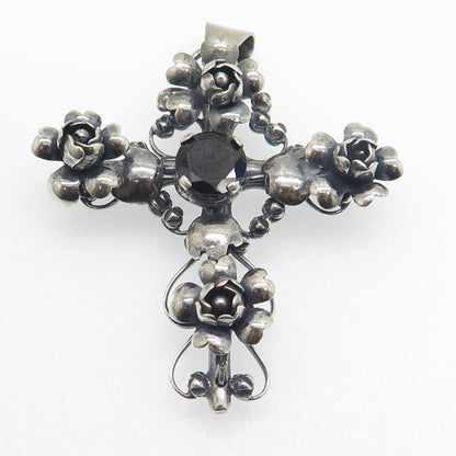 925 Sterling Silver Antique Art Deco Real Red Garnet Rose Cross Oxidized Pendant