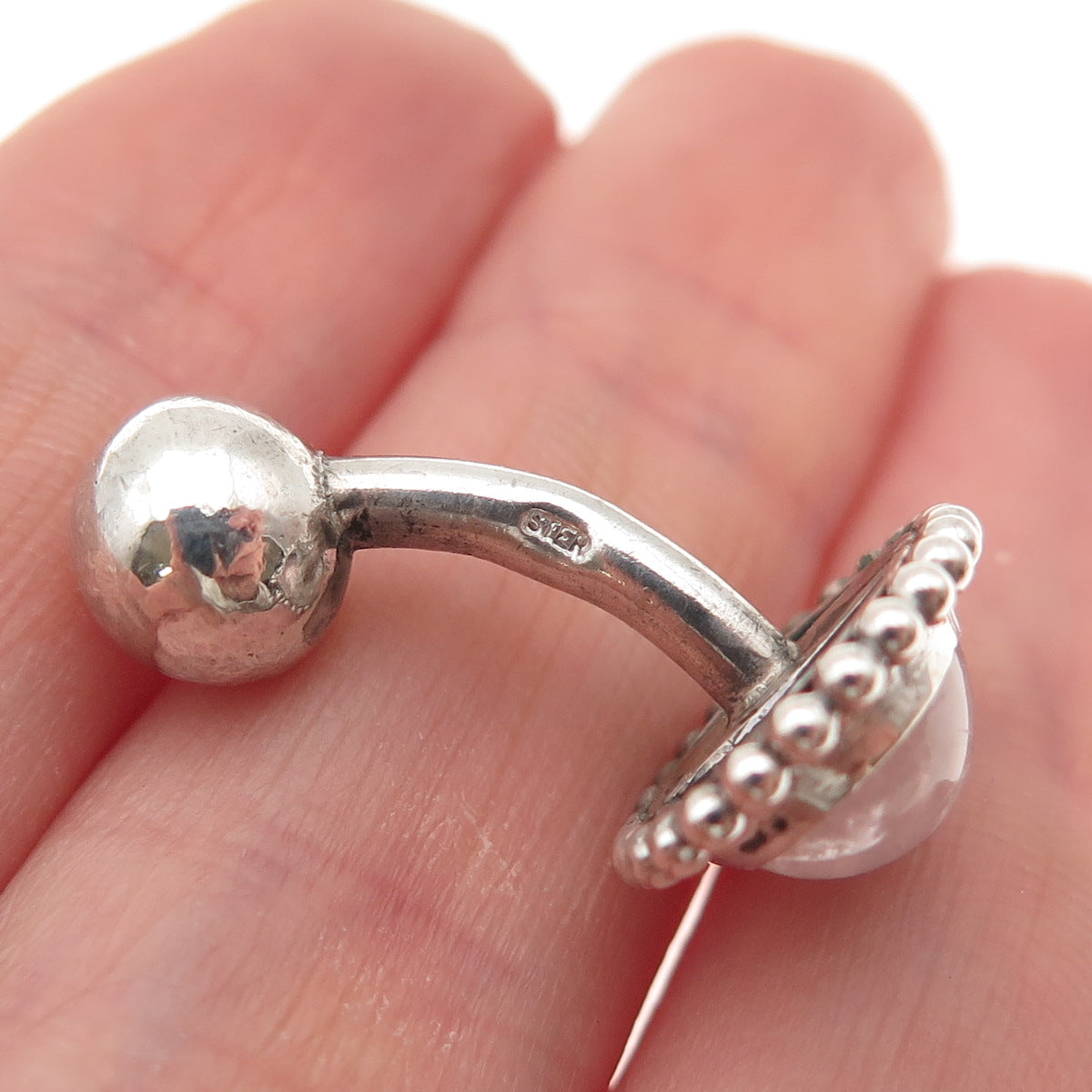 925 Sterling Silver Vintage Real Rose Quartz Beaded Oxidized Cufflinks