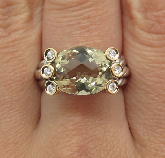 DANWAK 18K Gold Sterling 6 Diamond 0.117ct & Lemon Quartz 5.14ct Ring Size 7