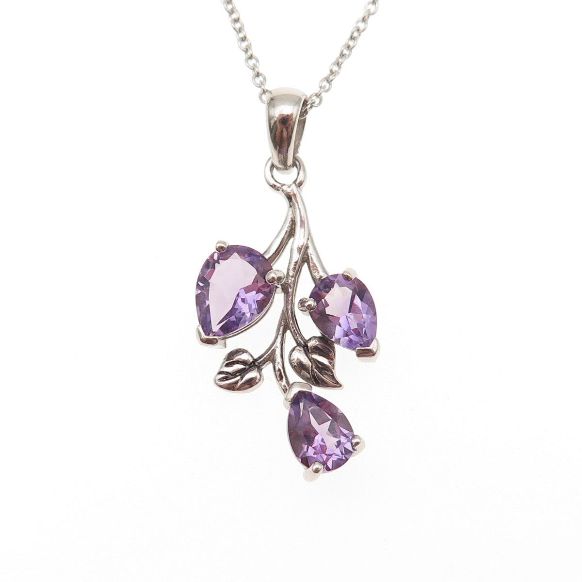 925 Sterling Silver Real Pear-Cut Amethyst Floral Cable Chain Necklace 18"