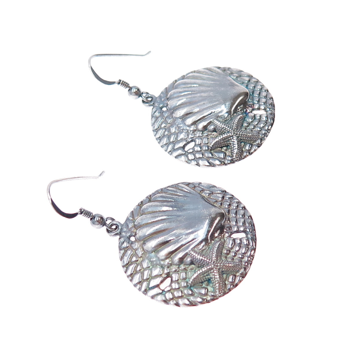 925 Sterling Silver Vintage Seashell & Starfish Oxidized Dangle Earrings