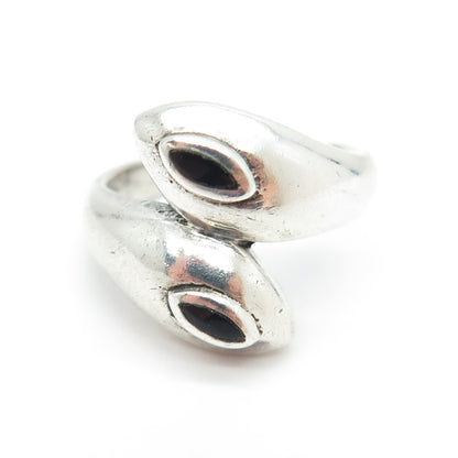 925 Sterling Silver Vintage Real Black Onyx Gemstone Modernist Ring Size 7.5
