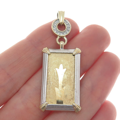 LENOX 925 Sterling Silver 2-Tone Vintage Real Diamond Modernist Floral Pendant