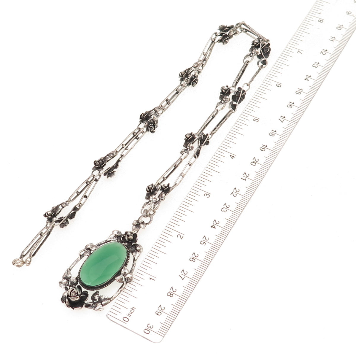 925 Sterling Antique Germany Real Green Onyx Rose Flower Chain Necklace 24"
