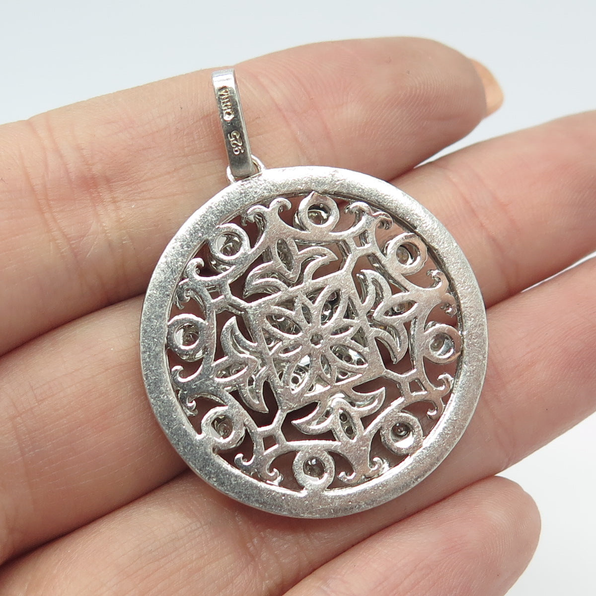 925 Sterling Silver Pave C Z Ornate Pendant