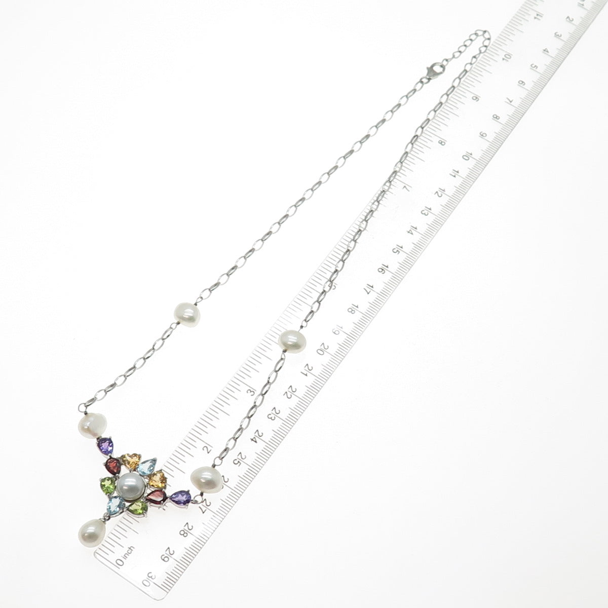925 Sterling Silver Pearl Topaz Amethyst Peridot Citrine Garnet Necklace 18-20"