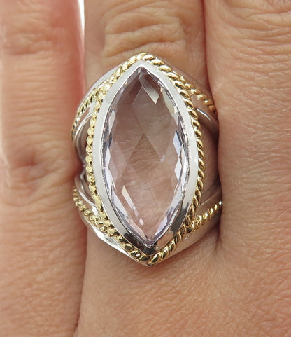 925 Sterling Silver 2-Tone Real Marquise-Cut Amethyst Ring Size 7.25