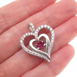 Sun 925 Sterling Silver Lab-Created Ruby & C Z Heart Charm Pendant