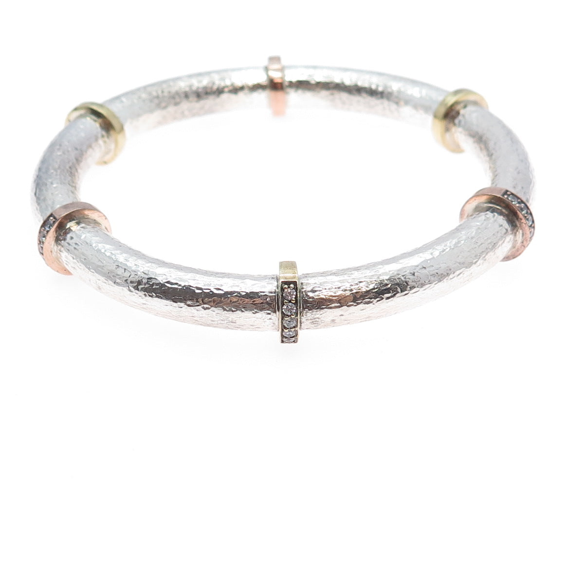 SILPADA 925 Sterling 2-Tone Vintage Round-Cut C Z Hammered Bangle Bracelet 8"