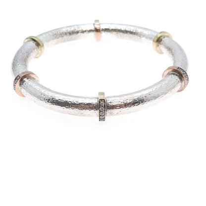 SILPADA 925 Sterling 2-Tone Vintage Round-Cut C Z Hammered Bangle Bracelet 8"