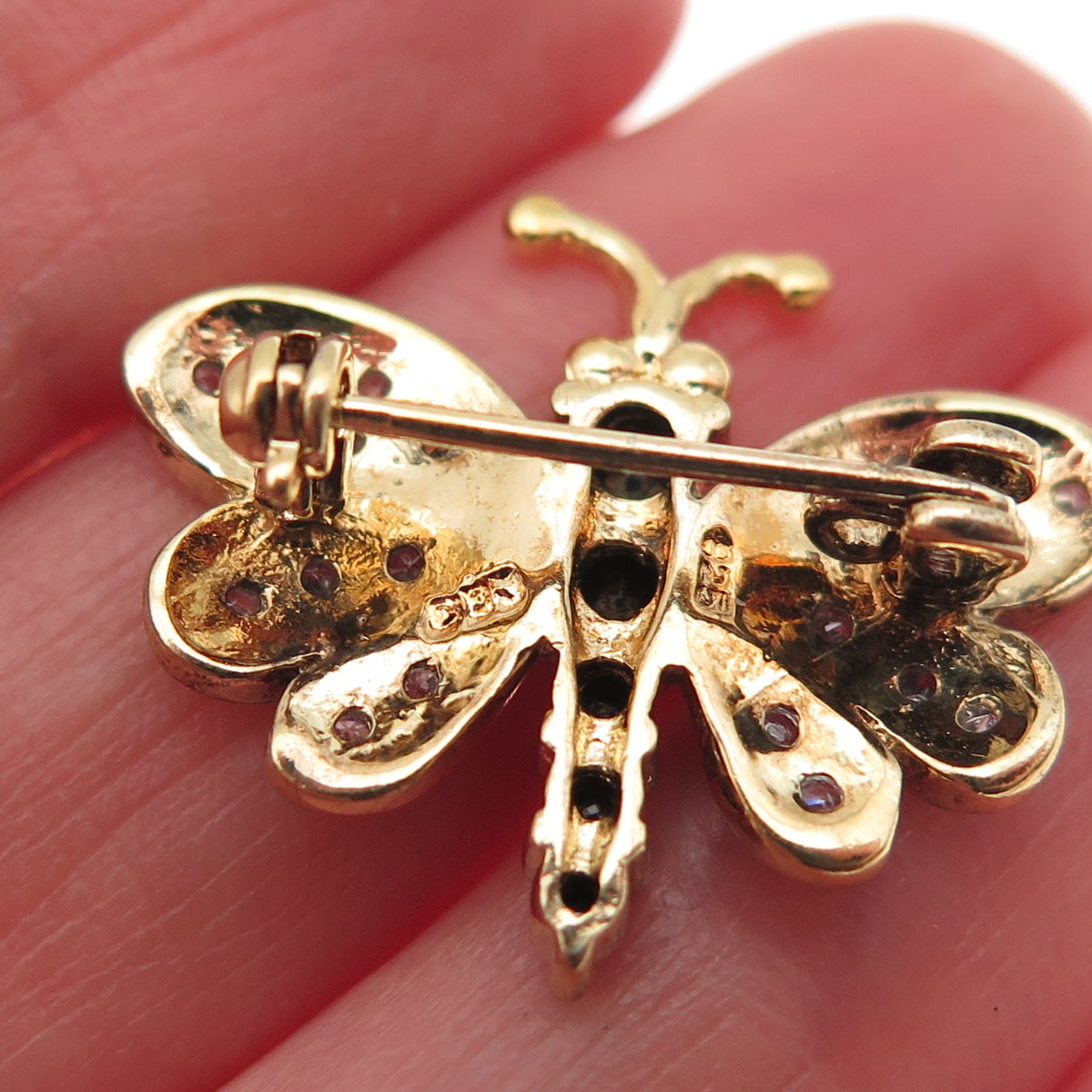 DEE BERKLE 925 Sterling Gold Plated Real Sapphire & C Z Butterfly Pin Brooch