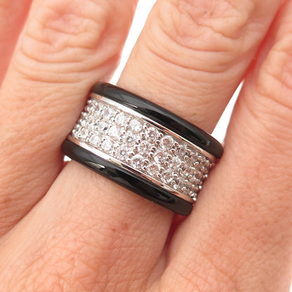 925 Sterling Silver Real Black Onyx & C Z Wide Band Ring Size 7.25