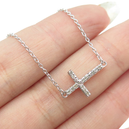 SUN 925 Sterling Silver Real Round-Cut Diamond Cross Cable Chain Necklace 18"