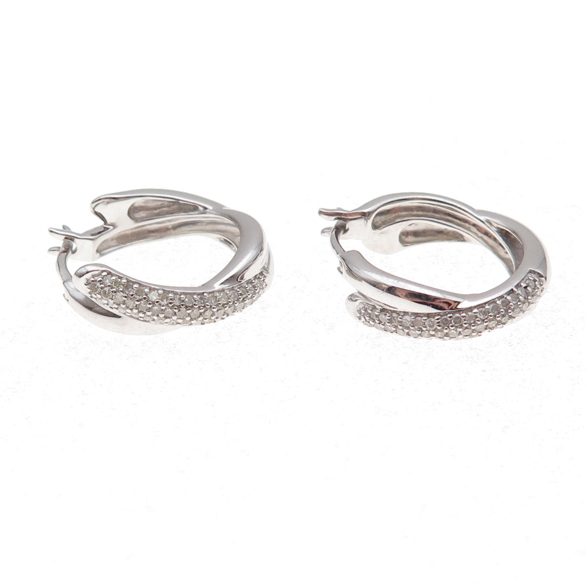 925 Sterling Silver Real Round-Cut Diamond Crisscross Hoop Earrings