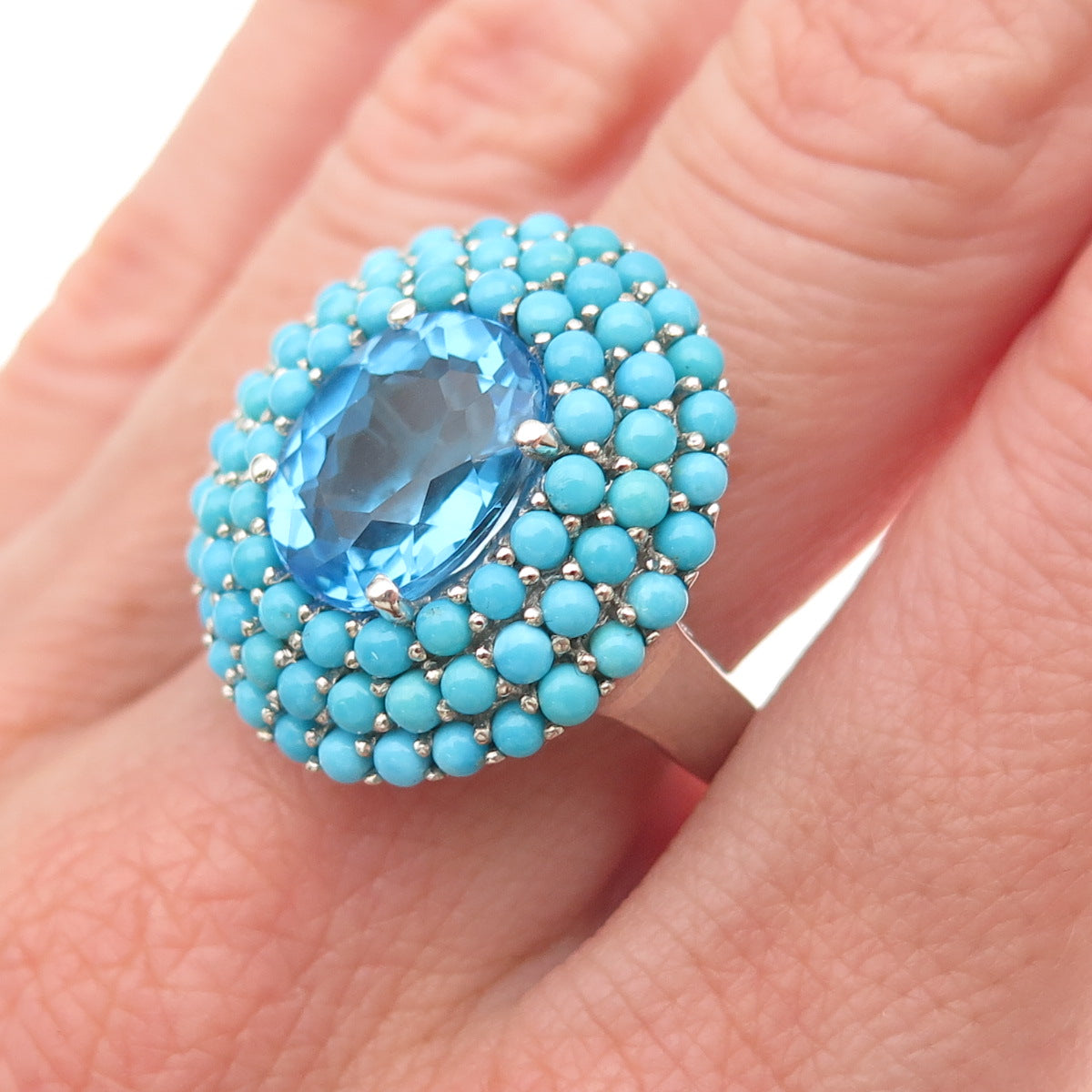 Chuck Clemency 925 Sterling Blue Topaz & Sleeping Beauty Turquoise Ring Size 8