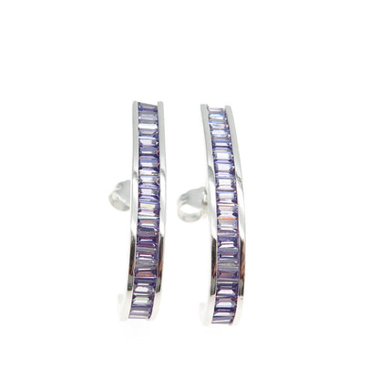 925 Sterling Silver Baguette-Cut Purple C Z Claw Earrings