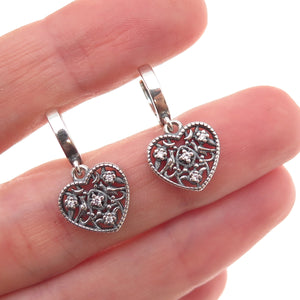 925 Sterling Silver Vintage C Z Heart Oxidized Dangle Earrings