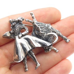 925 Sterling Silver Vintage Mexico Matador Bull Fighter Oxidized Pin Brooch