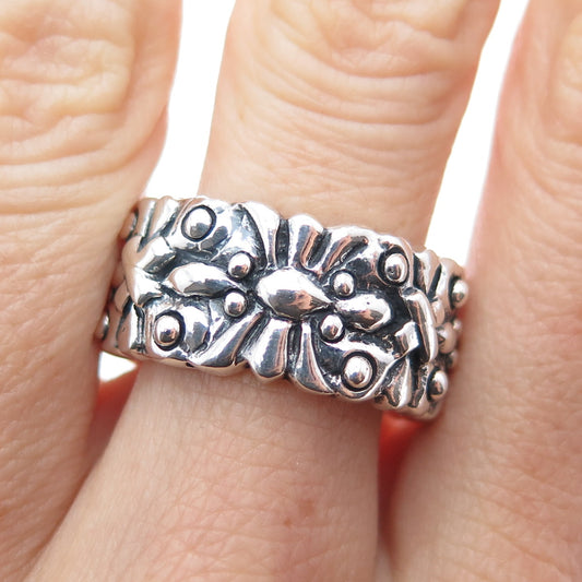 925 Sterling Silver Vintage Modernist Floral Oxidized Band Ring Size 8.5