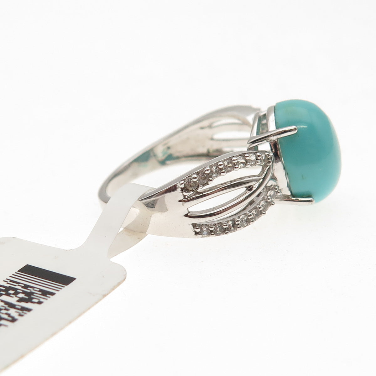 925 Sterling Silver Real Sleeping Beauty Turquoise & White Topaz Ring Size 8