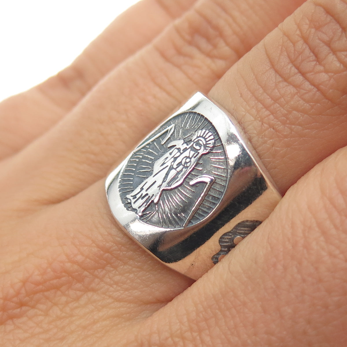 925 Sterling Silver Vintage Mexico Santa Muerte Oxidized Ring Size 8
