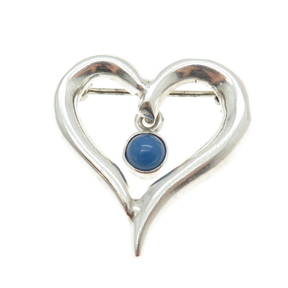 925 Sterling Silver Vintage Mexico Real Chalcedony Modernist Heart Pin Brooch