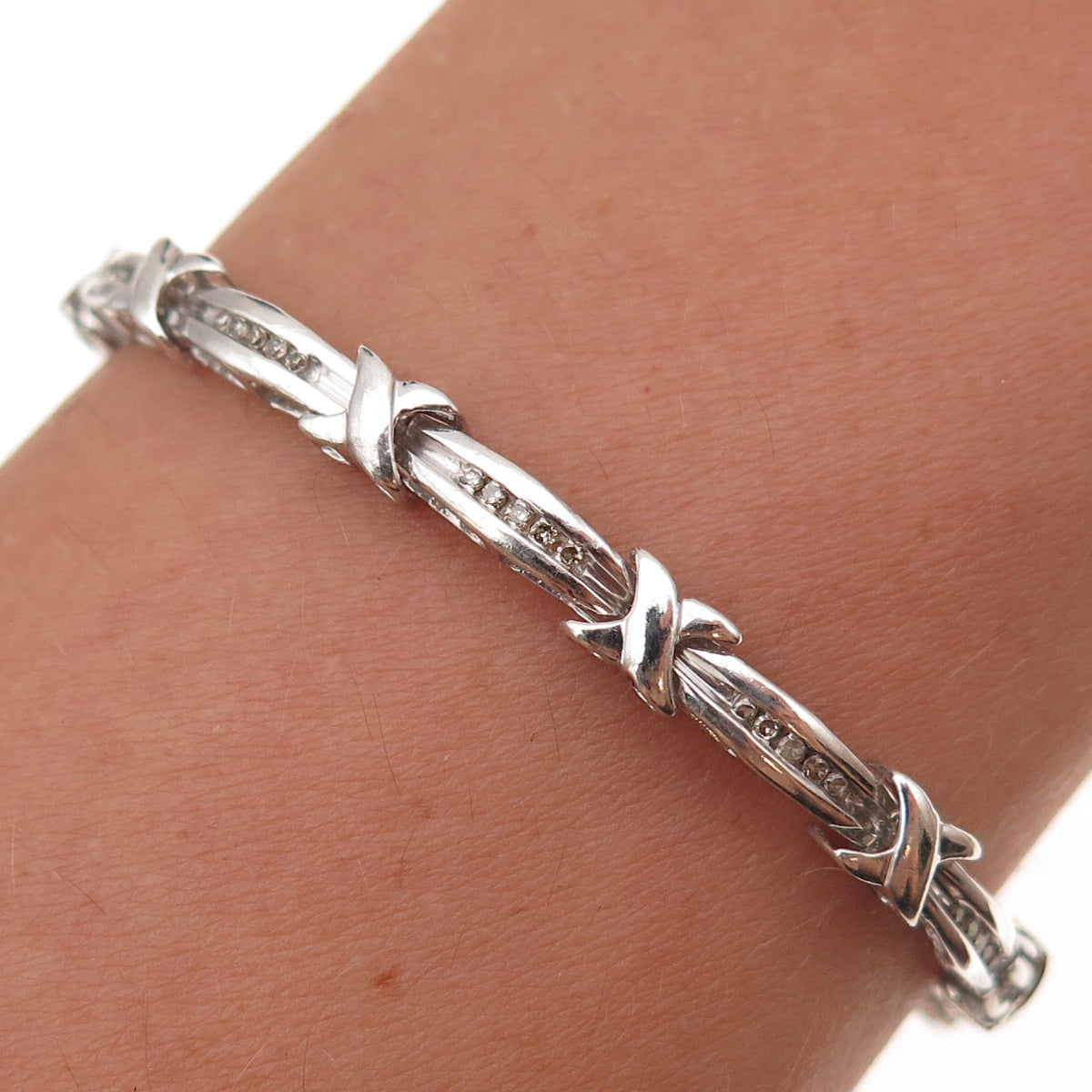 925 Sterling Silver Real Round-Cut Diamond X-Shape Bar Link Bracelet 7.5"