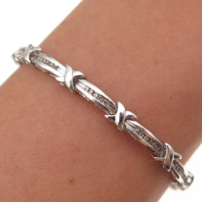 925 Sterling Silver Real Round-Cut Diamond X-Shape Bar Link Bracelet 7.5"