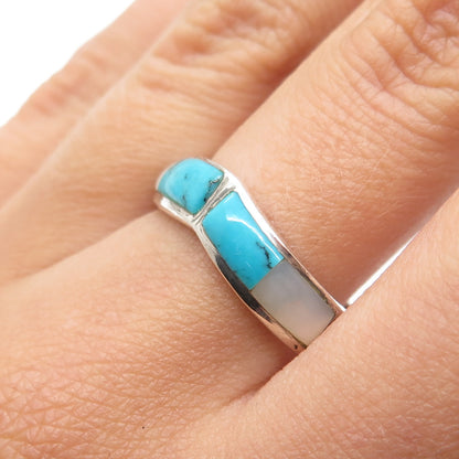 925 Sterling Silver Vintage Real Turquoise & Mother-of-Pearl Ring Size 9
