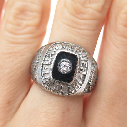 925 Sterling Silver Vintage Enamel & C Z UAW United Auto Workers Ring Size 8.5