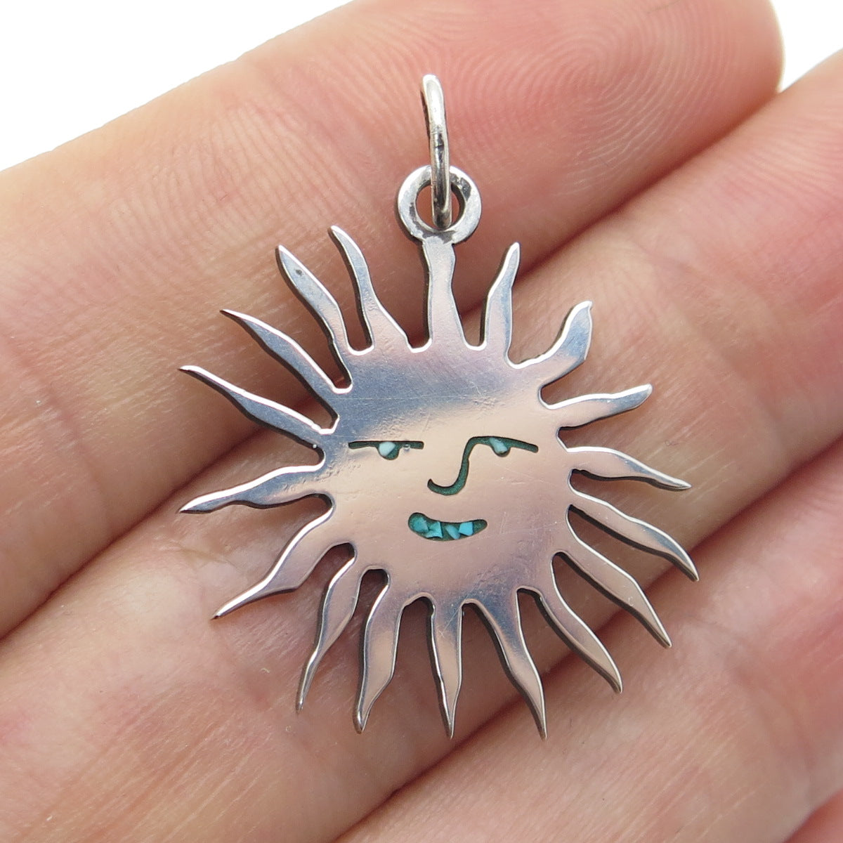 925 Sterling Silver Vintage Real Turquoise Inlay Sun Charm Pendant