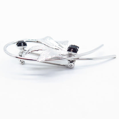 925 Sterling Silver Vintage Black Rhinestone Leaf Floral Pin Brooch