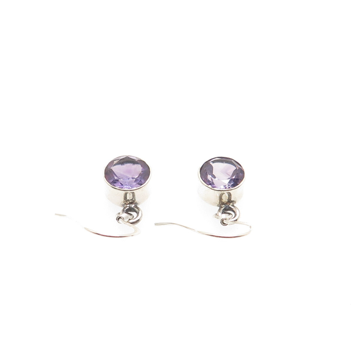 925 Sterling Silver Vintage Real Round-Cut Amethyst Dangle Earrings
