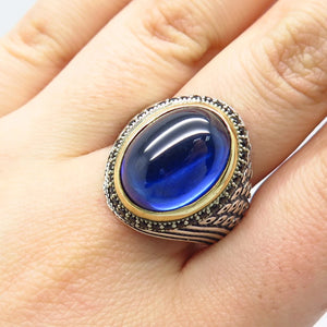 925 Sterling Silver 2-Tone Vintage Melanite Gem & Blue Glass Ring Size 10.25