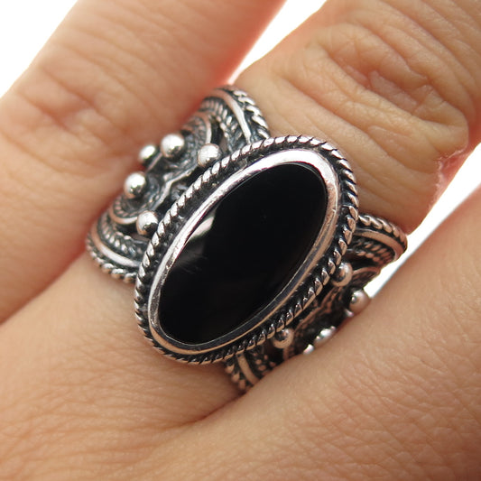 GLORIA CHATTIN 925 Sterling Silver Vintage Real Black Onyx Oxidized Ring Size 6