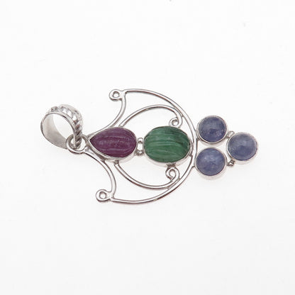 925 Sterling Silver Vintage Real Ruby Emerald & Tanzanite Modernist Pendant