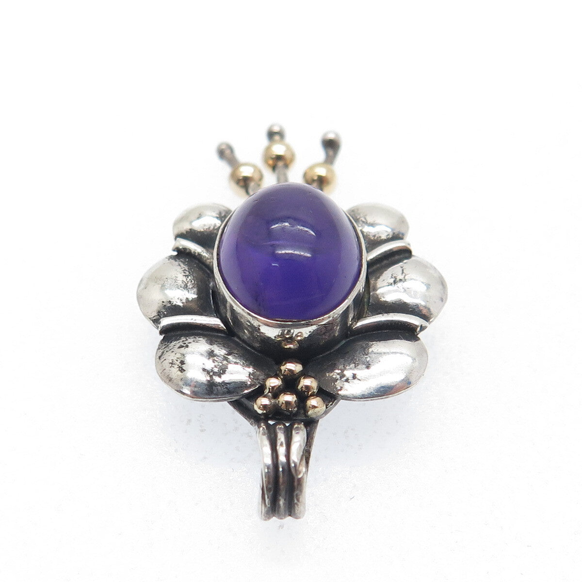 ORION Sterling Silver & 14K Gold Vintage Real Amethyst Modernist Flower Pendant