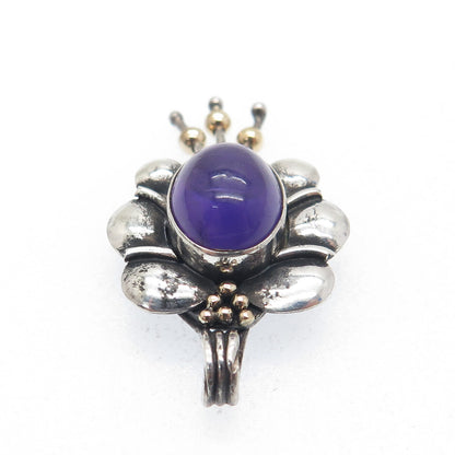 ORION Sterling Silver & 14K Gold Vintage Real Amethyst Modernist Flower Pendant