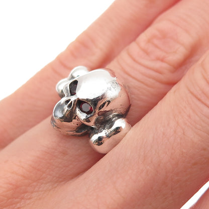 Versani 925 Sterling Silver Vintage Real Red Garnet Skull Oxidized Ring Size 5