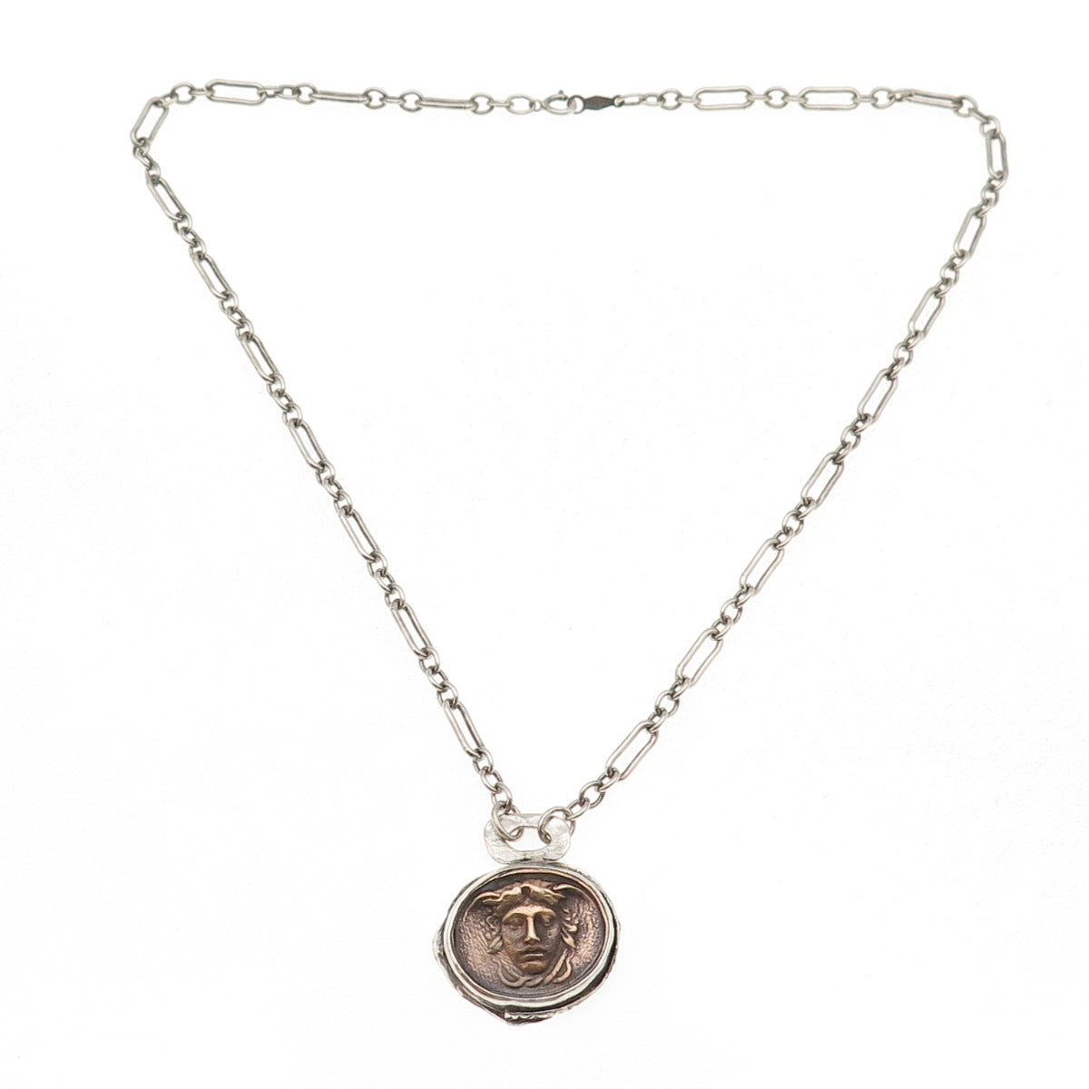 925 Sterling Silver 2-Tone Vintage Medusa Greek Coin Chain Necklace 16"