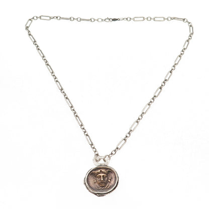 925 Sterling Silver 2-Tone Vintage Medusa Greek Coin Chain Necklace 16"