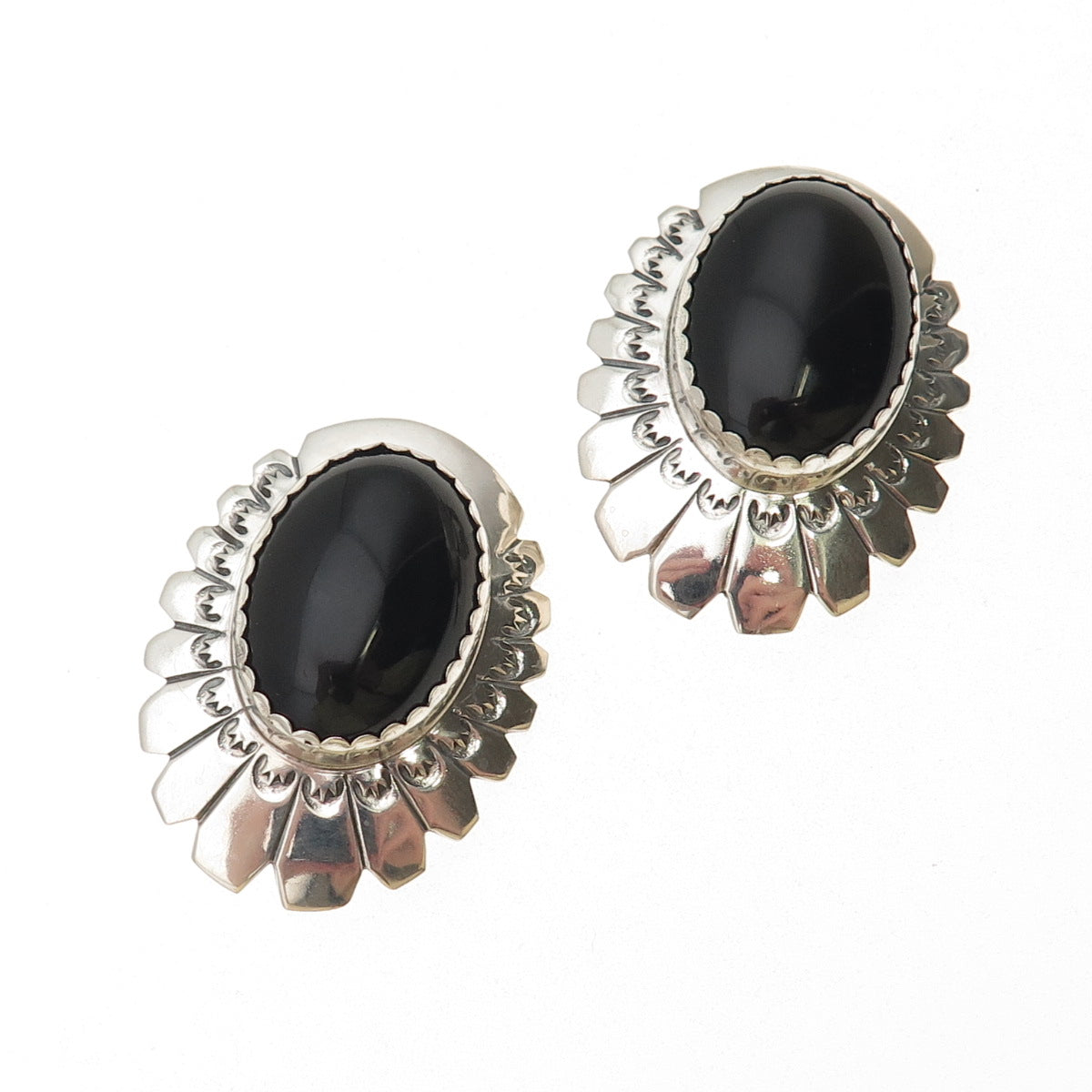 Alex Begay Navajo Old Pawn Sterling Silver Vintage Black Onyx Clip On Earrings