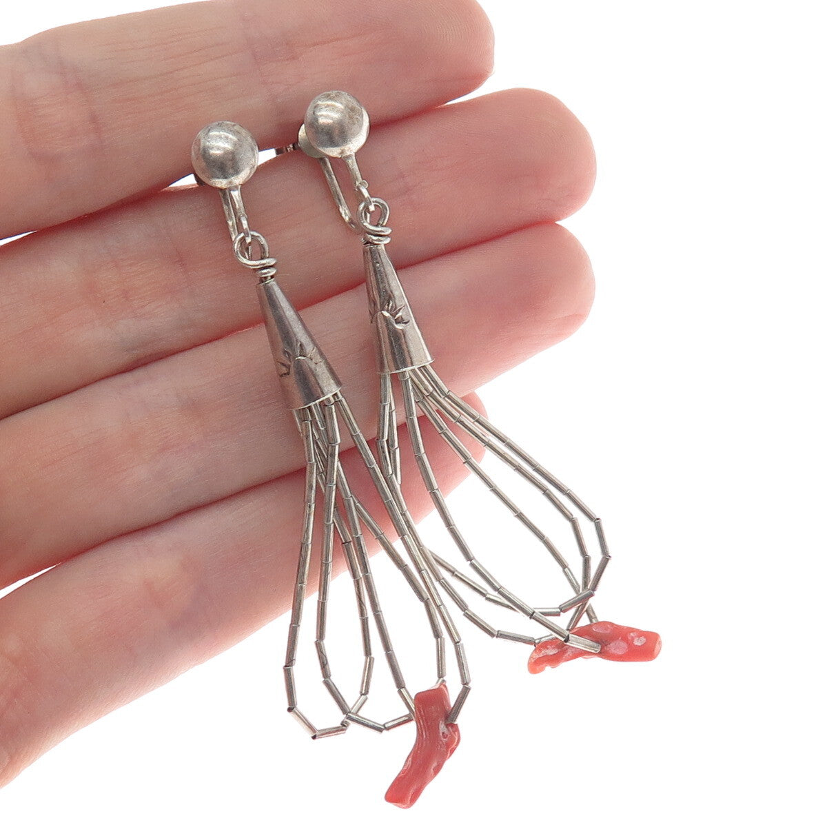 SUNRISE Old Pawn Sterling Silver Coral Liquid Chain Tassel Screw Back Earrings
