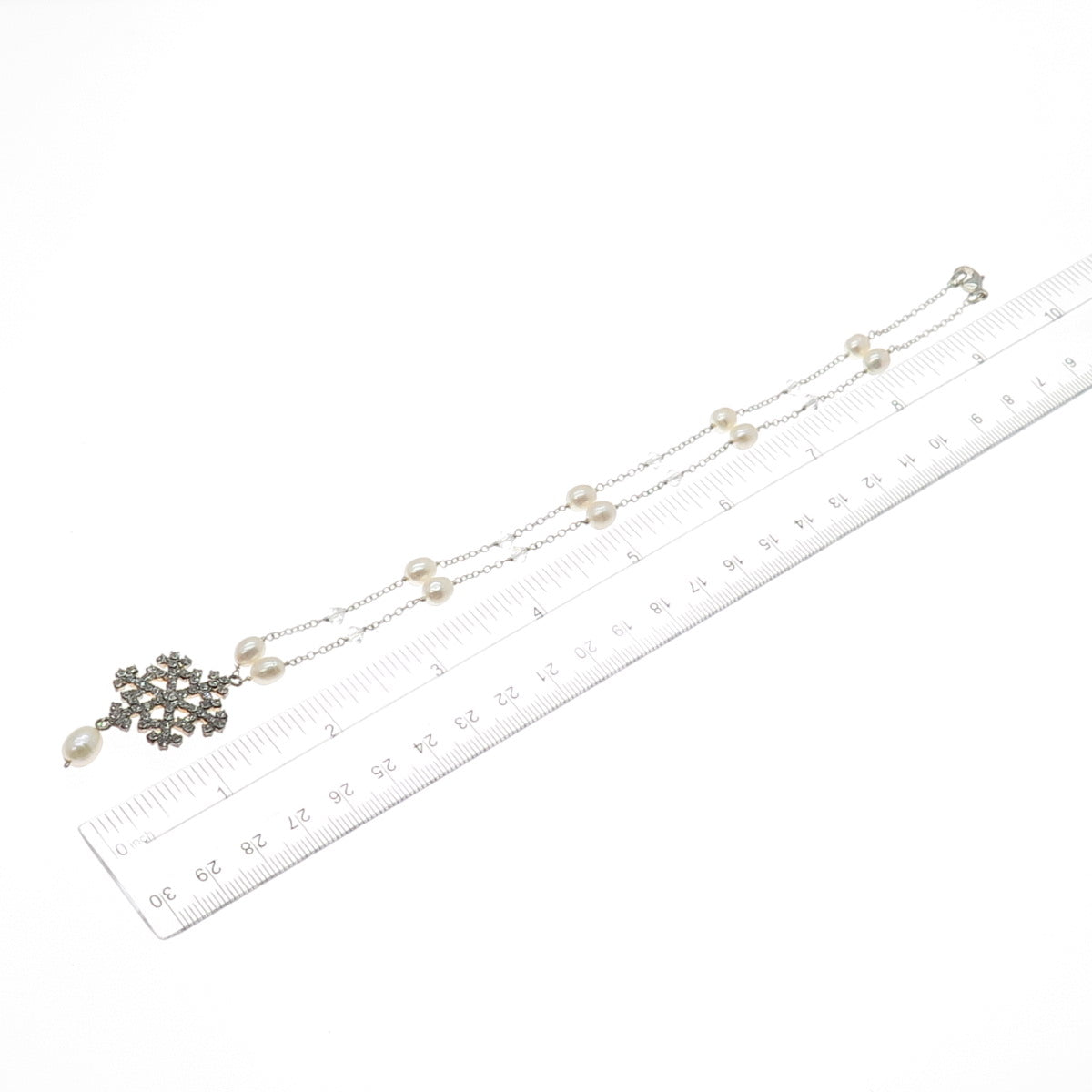 925 Sterling Vintage Real Pearl By The Yard & Rhinestone Snowflake Necklace 16"